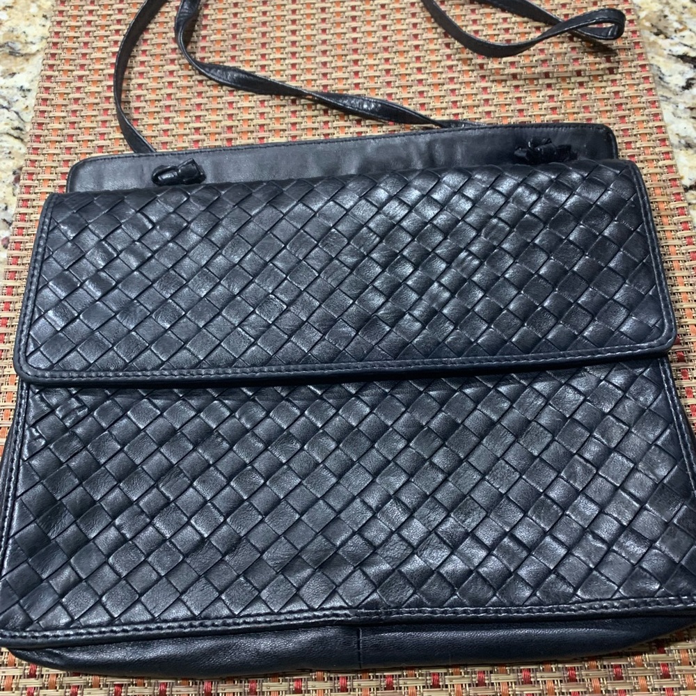 Vintage Bottega Veneta Black Woven Leather Intrecciato Flap Crossbody Bag